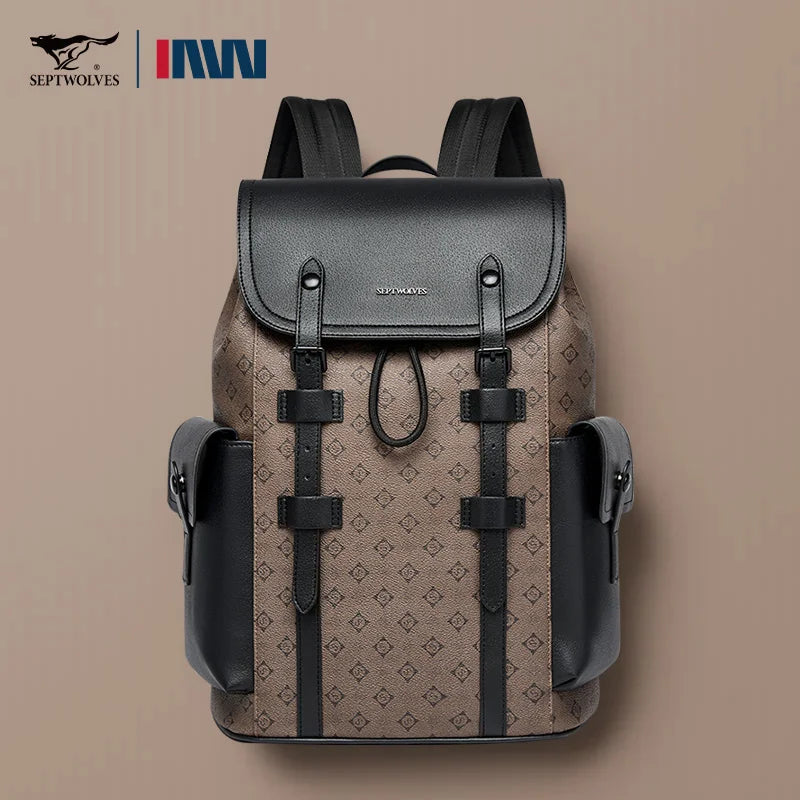 Septwolves Fashion Design Printed Leather Backpack Man Large Flip Cover Business Print Travel Laptop Bags Big Monogram Bagpack