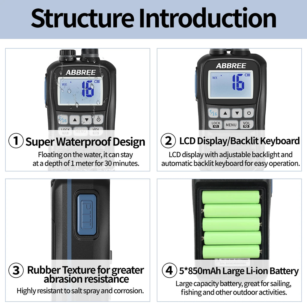 ABBREE AR-25M Marine Radio Transceiver IP67 Floating Waterproof Handheld VHF Walkie Talkie Amateur NOAA Two Way Radio For Fish