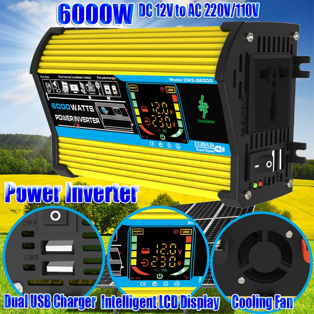 6000/4000/3000W Car Inverter 12V to 110/220V Vehicle Smart Inverter LCD Display Voltage Transformer Dual USB Car Power Supply