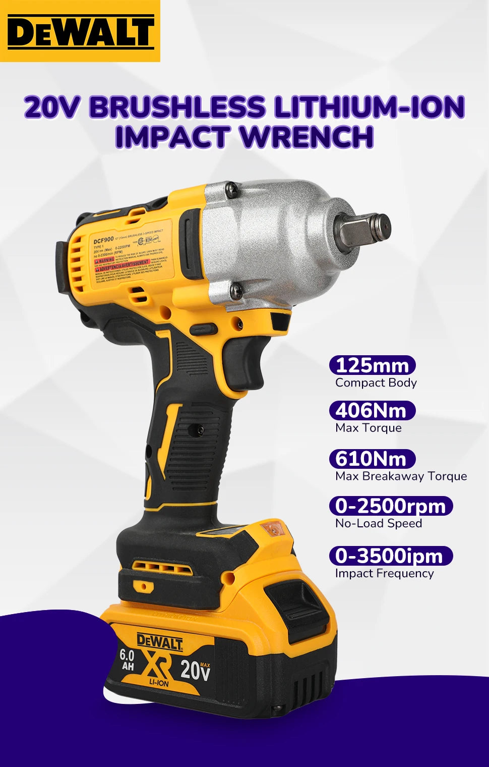 DeWalt DCF900 High Torque Brushless 20V Electric Impact Wrench Powered Electric Durable for Professiona Naked Tool