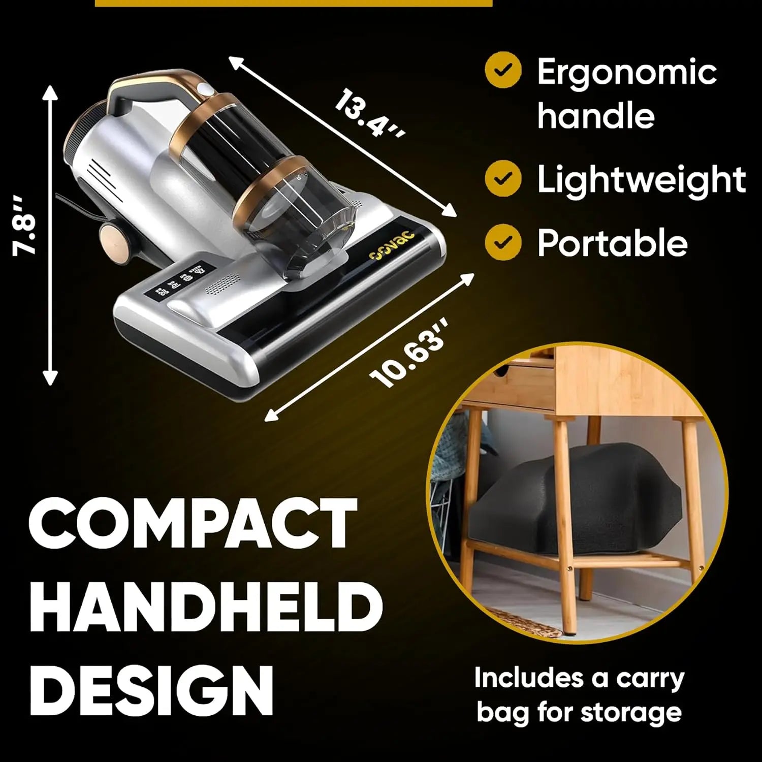 Mattress Vacuum BED CLEANER with UV-C LIGHT, 14kPa Suction, DUAL FILTERS & Dual Rollers, Furniture Handheld Vacuum