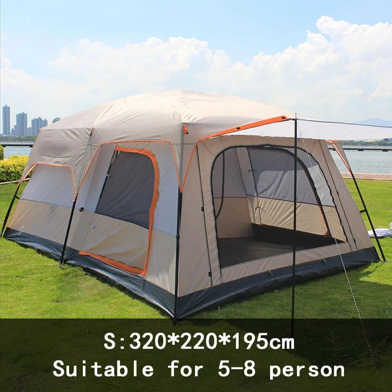 2 Bedroom 1 Hall Camping Tent 5-8 Person Double Layers Oversize Thickened Rainproof Tent Outdoor Family Camp Tour Equipment