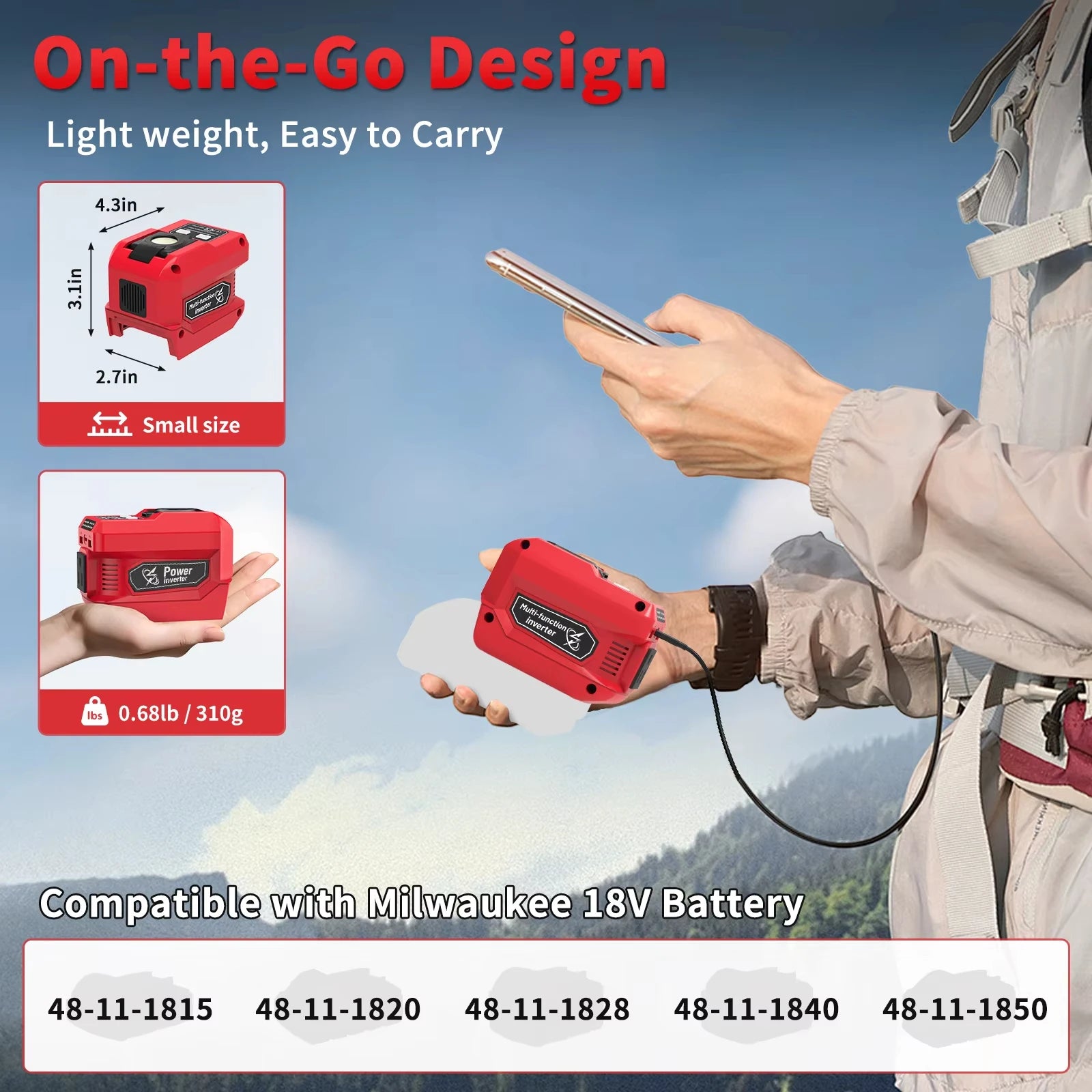 Azocek 200W Portable Power Inverter for Milwaukee 18V Battery, DC 18V to AC 110V, with 4 Output & 300LM Light, Inverter for Car