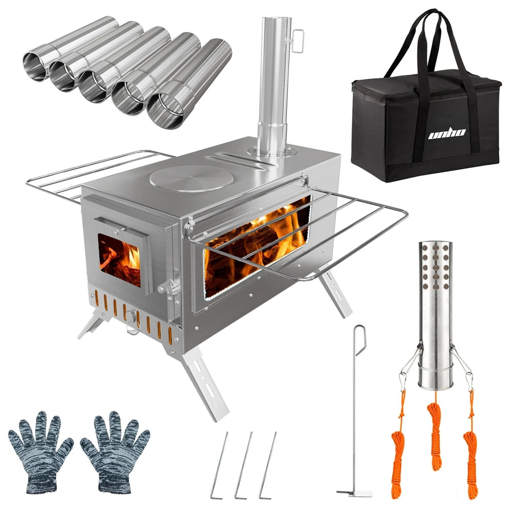 Portable Camping Wood Burning Stove Stainless Steel Tent Stove with 7 Chimney Pipes for Outdoor Camping, Heating