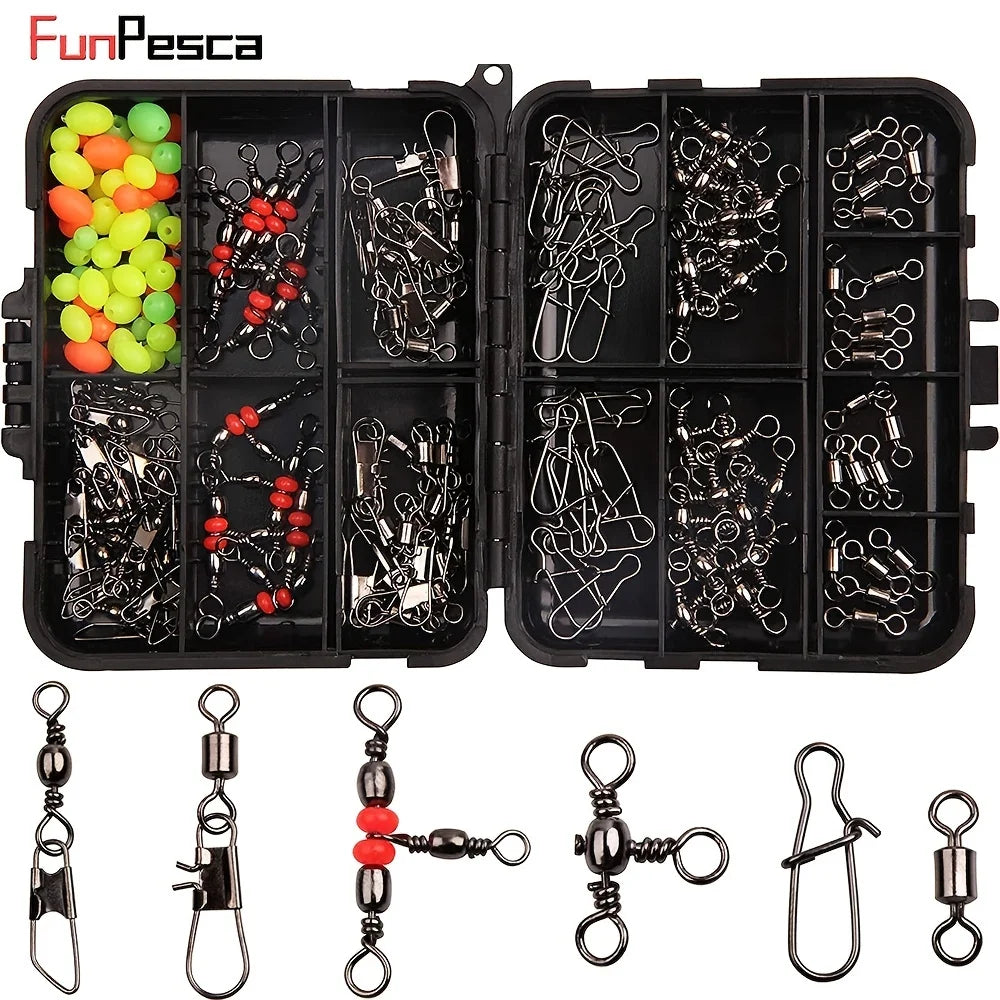 140pcs/box Fishing Swivel Snaps Kit - Ball Bearing Swivels, Triple Swivel Connectors, and Barrel Snap Clips