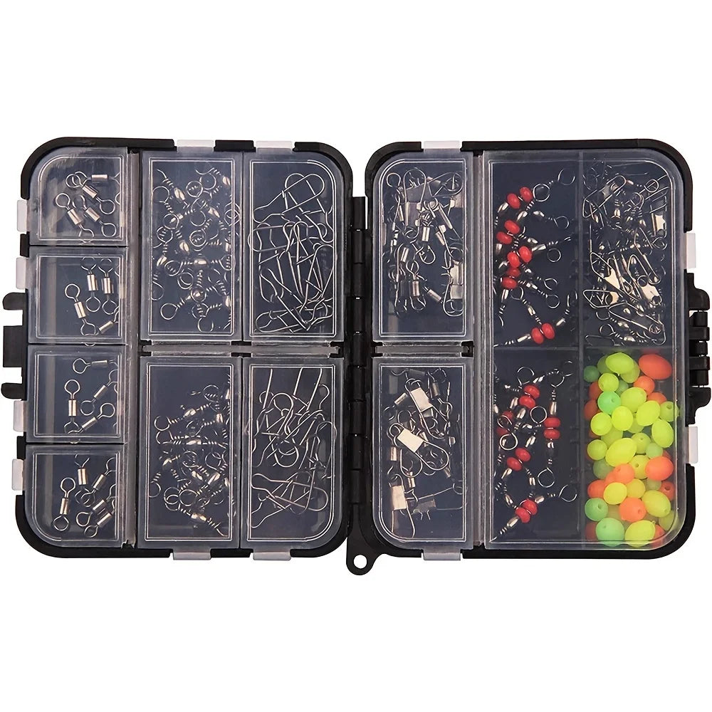 140pcs/box Fishing Swivel Snaps Kit - Ball Bearing Swivels, Triple Swivel Connectors, and Barrel Snap Clips