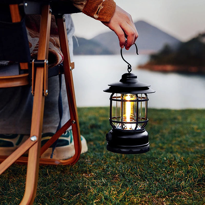 LED Camping Lantern, Handheld Infinite Dimming, Type-C Fast Charging, Rotary Switch & Hook for Home Hiking Fishing Night Walks