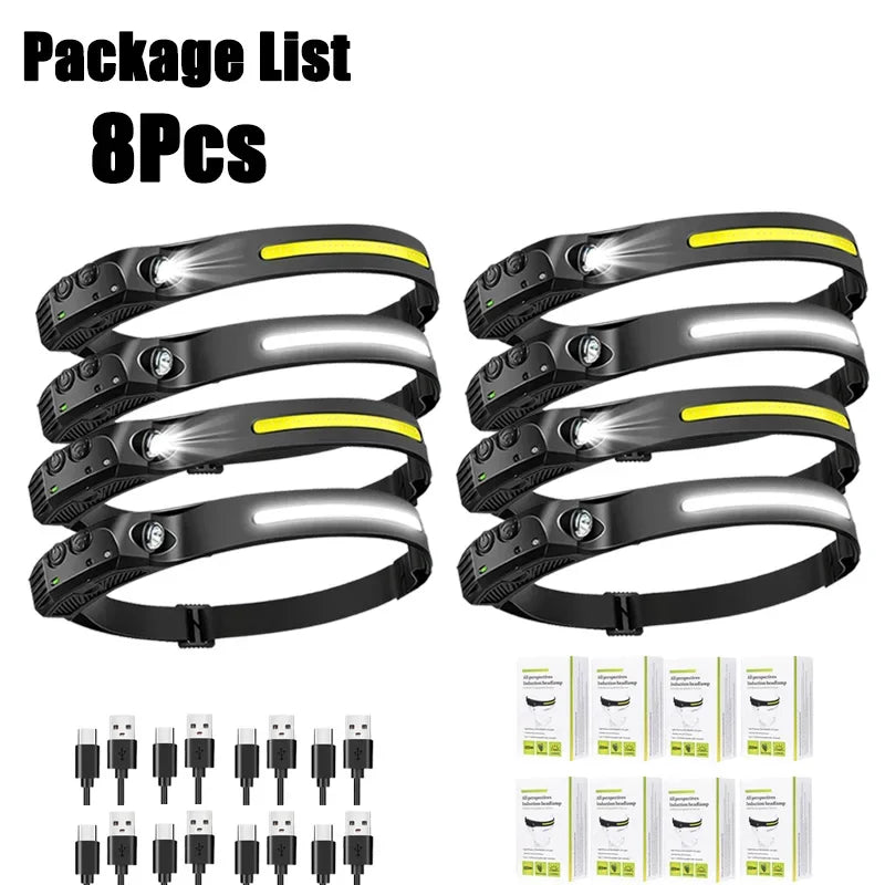 Sensor Headlamp USB Rechargeable LED Flashlight XPE+COB Torch Camping Waterproof Headlight Fishing Headlamp 1/2/3/4/5/8/10PCS