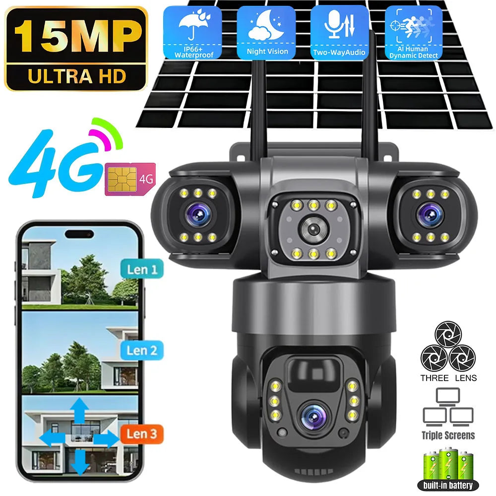 6K 15MP 4G SIM Solar Camera Outdoor 3 Lens 3 Screen Surveillance CCTV PTZ Human Detect Auto Tracking Solar Security Camera V380