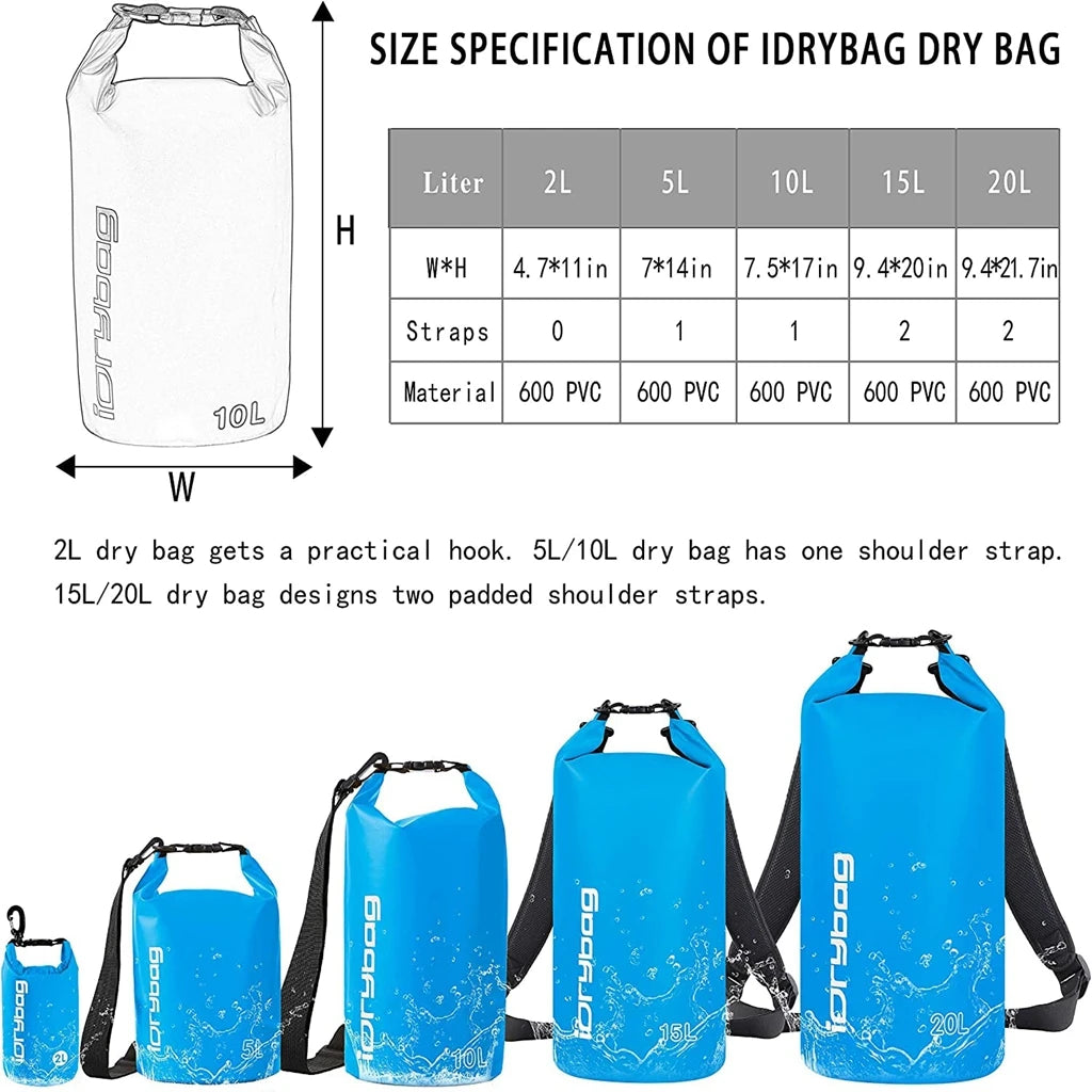 Idrybag Dry Bag Waterproof Bag for Women Men 2/5/10/15/20L Swimming Rafting Kayaking River Trekking Waterproof Dry Bag Backpack