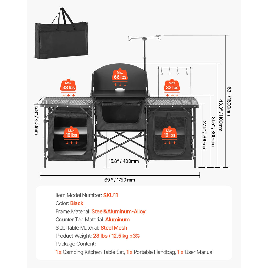 SucceBuy Camping Kitchen Table Aluminum Portable Cook Station with 3 Storage Cupboard Carrying Bag Quick Set-up for BBQ Picnic