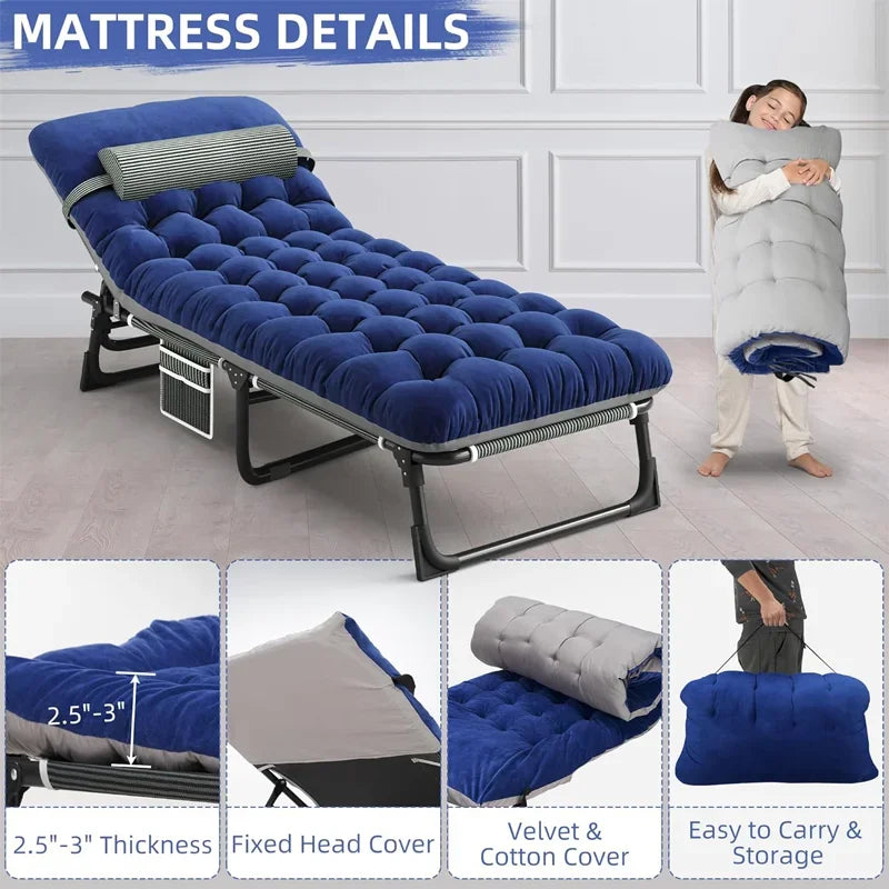 Camping Cot with Mattress, 4-Position Folding Camping Bed Hold up 330lbs, Portable Sleeping Cot for Camp, Beach, Patio