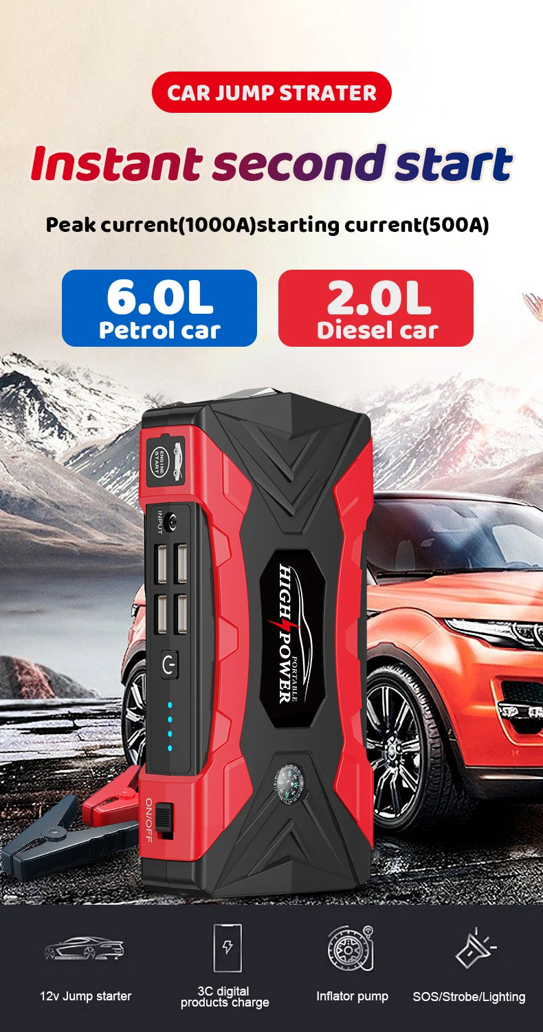 12V 60000mAh Car Jump Starter Digital Display Emergency Power Supply Portable Emergency Starter Car Battery Booster Power Bank