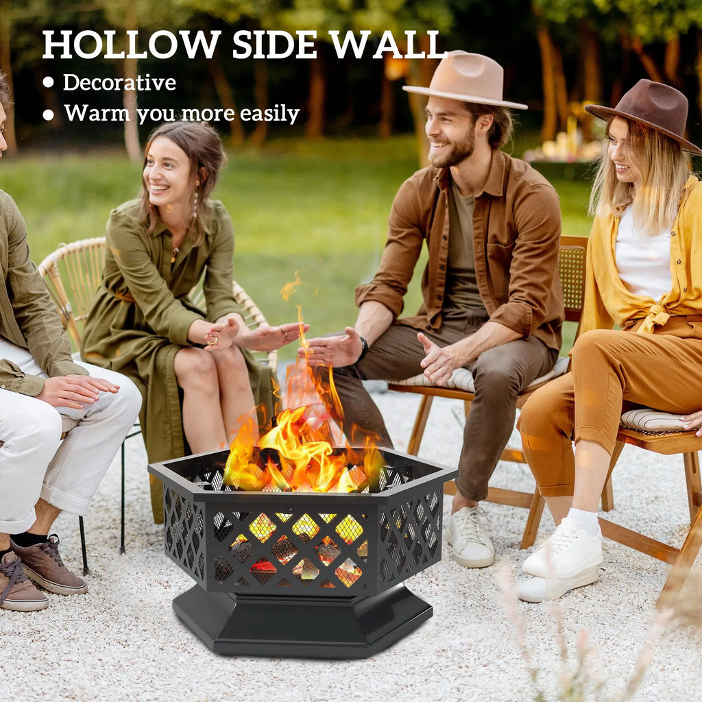 28" Outdoor Fire Pit with Grill Hexagon Fireplace Wood Burning Firepit with Cooking Grate, Fire Poker, Spark Screen Lid
