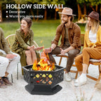 28" Outdoor Fire Pit with Grill Hexagon Fireplace Wood Burning Firepit with Cooking Grate, Fire Poker, Spark Screen Lid