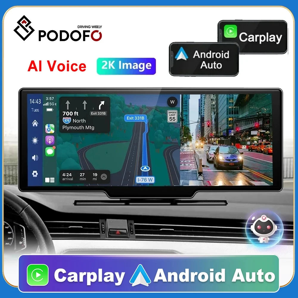 Podofo 10.26" Dash Cam 4K Rearview Camera Wireless Carplay Android Auto GPS with Voice Control Dashboard DVR Car Monitor