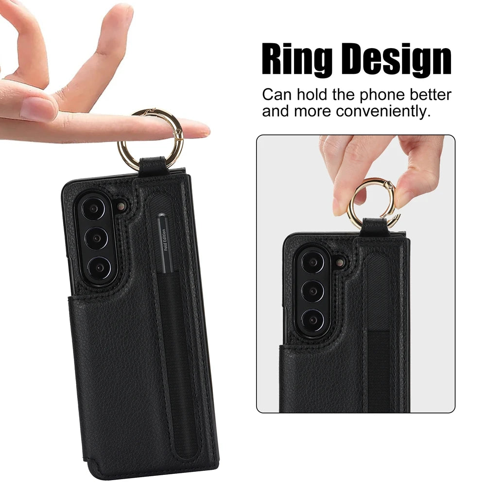 Ring Bucket Wallet Phone Case For Samsung Galaxy Z Fold7 Z Fold 6 5 7 4 3 Leather Case Kickstand Pen Cash Card Slots Phone Cover