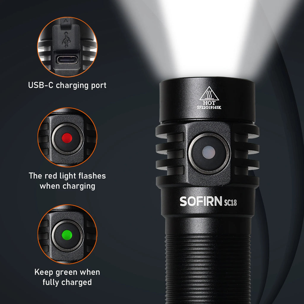Sofirn SC18 1800lm EDC Flashlight USB C Rechargeable SST40 LED 18650 Torch TIR Optics Lens Lantern with Power Indicator