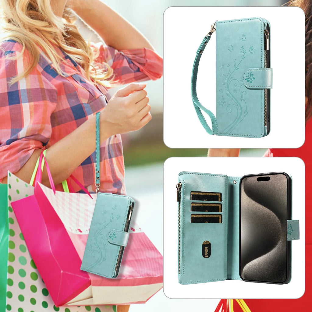 Embossed Zipper Leather Case for Samsung GalaxyS25Ultra S24 S23 S22 S21 S20 S10 S9 S8 Plus FE M33 NOTE10 Series Wallet Cover