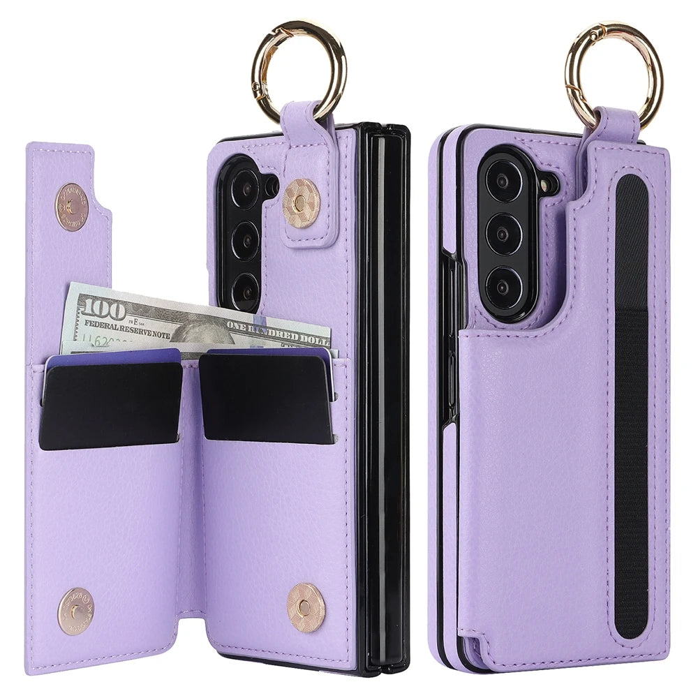 Ring Bucket Wallet Phone Case For Samsung Galaxy Z Fold7 Z Fold 6 5 7 4 3 Leather Case Kickstand Pen Cash Card Slots Phone Cover