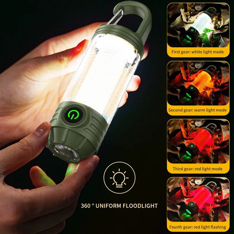 Rechargeable LED Mini Camping Flashlight,Portable Outdoor Light with Hook,White Warm and Red Light,6Modes,with Signal Flash