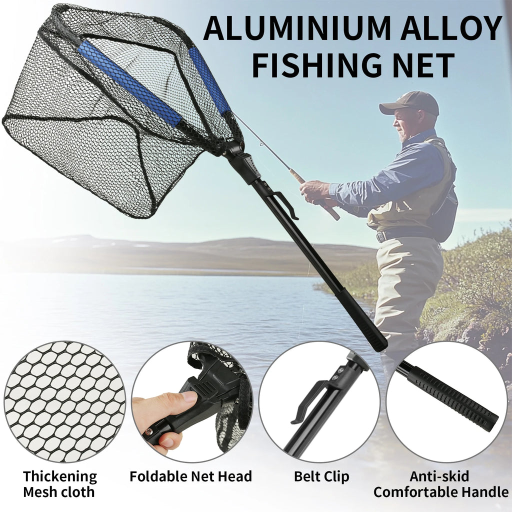 Fishing Landing Net Aluminum Alloy Durable Telescoping Extend to 190cm/130cm/55cm Folding Mesh Safe Fish Catching Releasing