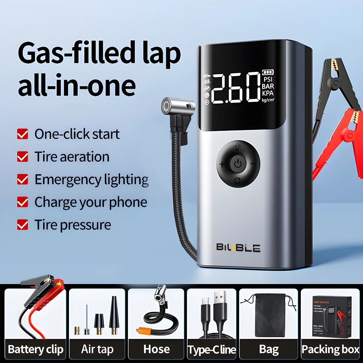 4 In 1 5000A Car Jump Starter 150PSI Air Pump 12V Battery Booster for 8.0L Gasoline and 6.0L Diesel Engines