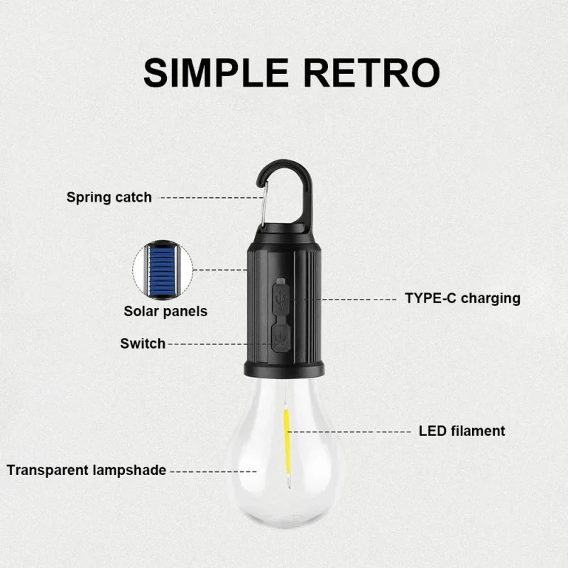 Solar Powered LED Lamp Bulbs Outdoor USB Charging Camping Light BBQ Atmosphere Night Lights Waterproof Flashlight Essentials