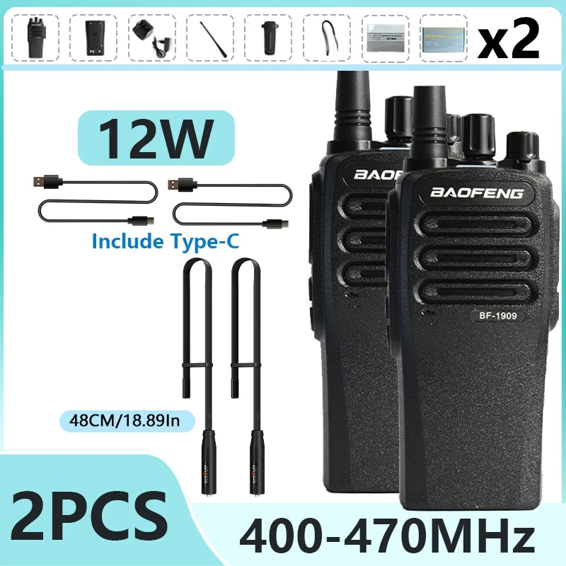 1/2PCS BaoFeng BF 1909 12W High Power Walkie Talkie Long Range UHF Two Way Radio Type C Charging Transmitter Upgrade UV 5R UV 82