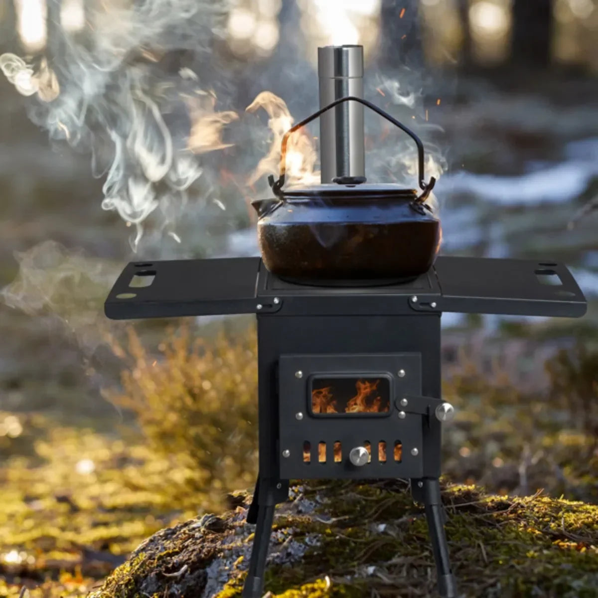 Outdoor Barbecue Charcoal Grill Cooking Portable Black Camping Wood Stove with Chimney Folding Barbecue