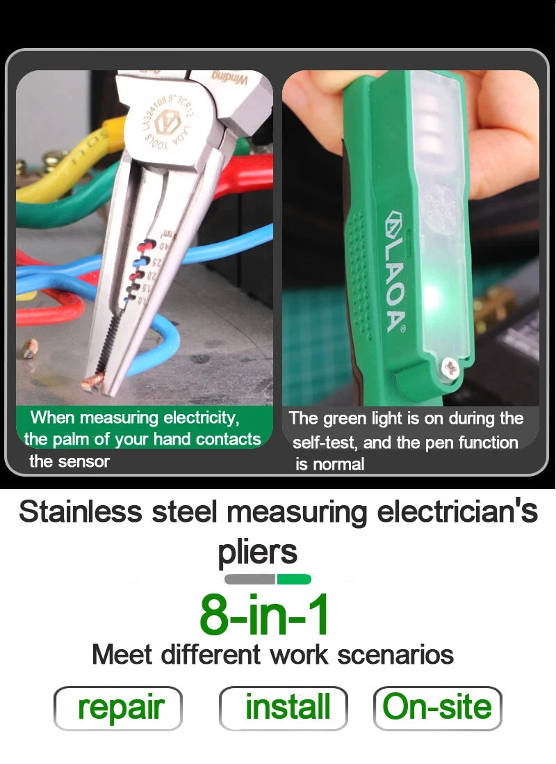 LAOA Electrician's pliers, multi-function wire stripper, 8-in-1 stainless steel needle-nose pliers with electrical measurement