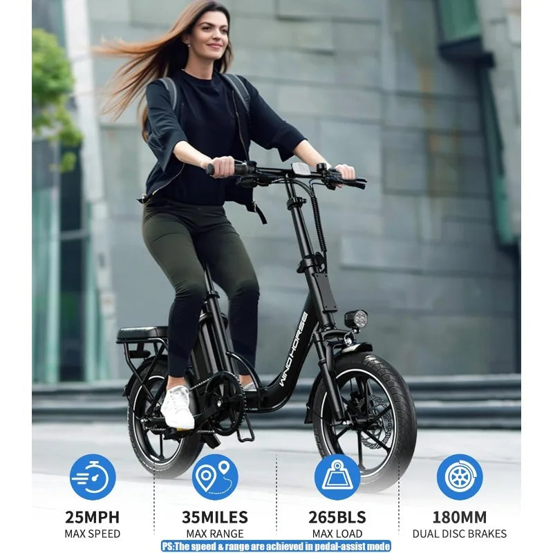 Electric Bike for Adults, Folding Ebike with 630w Peak Motor, Dual Disc Brake, 19-35 Miles Range & 25MPH (Pedal-Assist