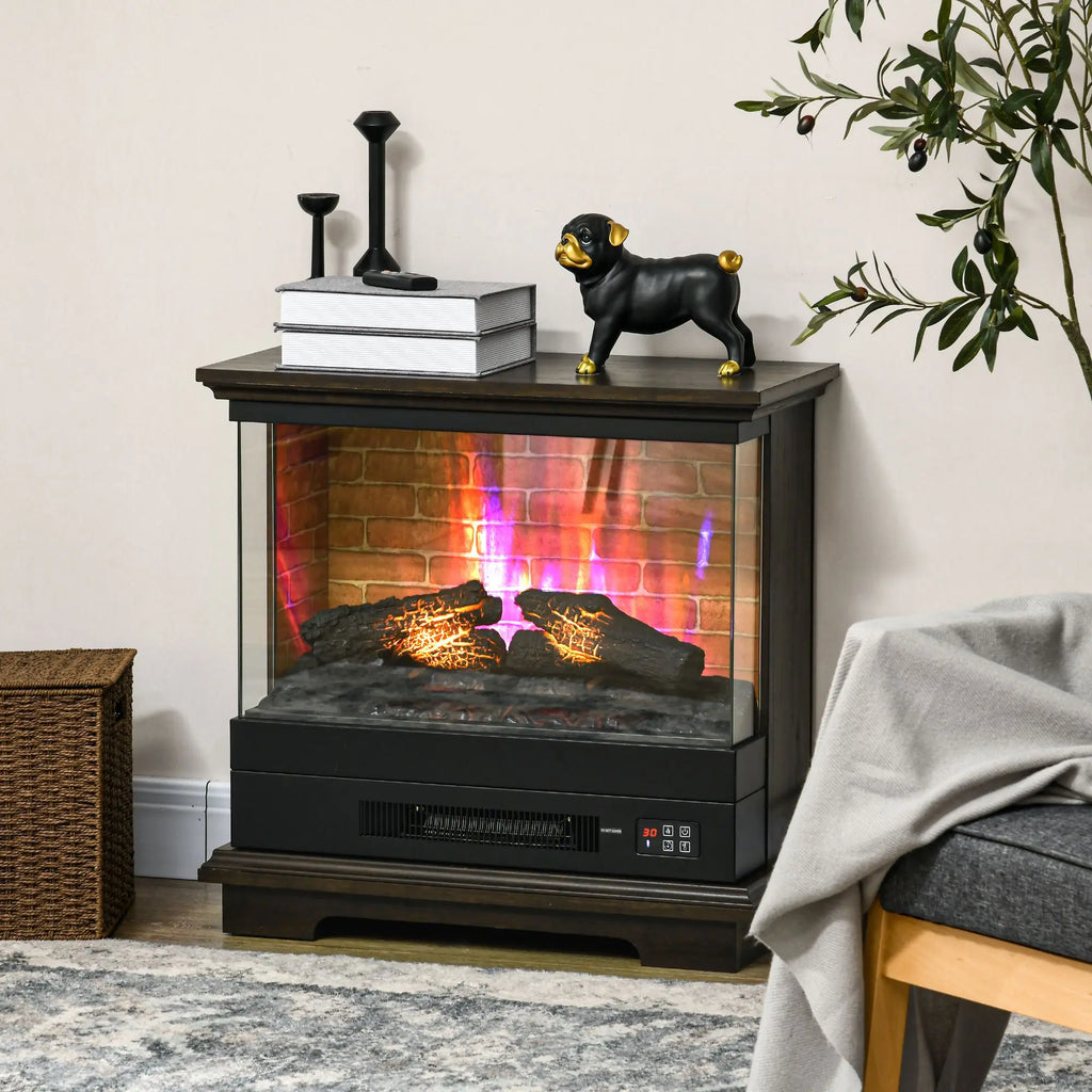 Electric Fireplace Heater 26" Free Standing 1400W Adjustable Temp Timer 7 Brightness Settings Brown