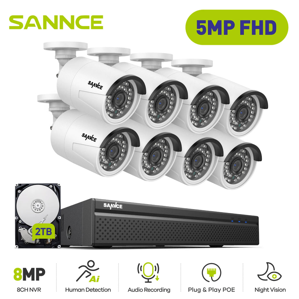 SANNCE 5MP POE Video Surveillance System Set 8CH 8MP NVR System CCTV Security Outdoor 5MP IP Cameras Surveillance Kit