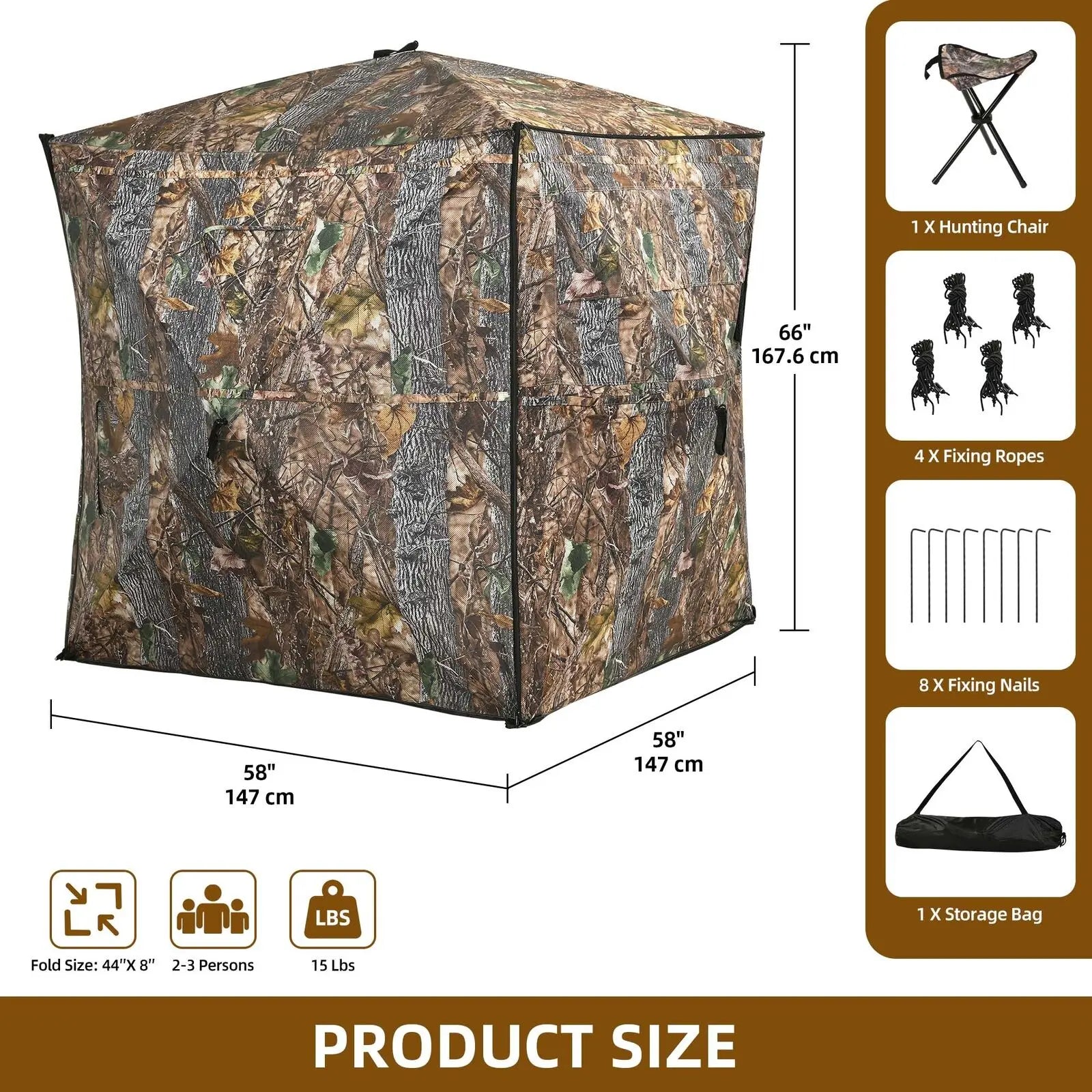360 Degree See Hunting Blind Upwards Fully Open Door for 2-3 Person with Stool