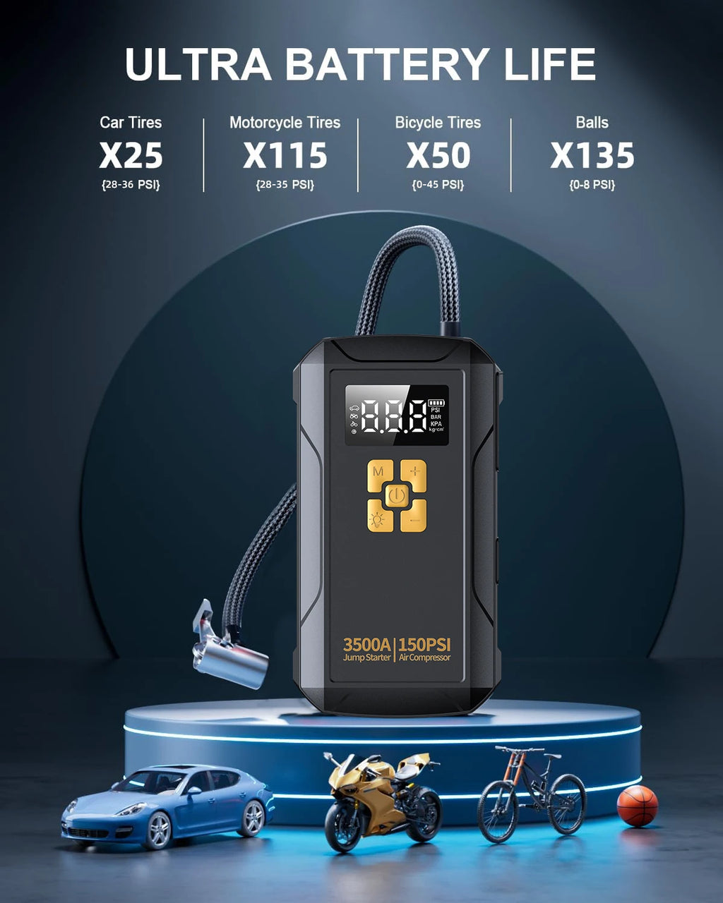 Jump Starter with Air Compressor 3500A Jump Starter 150PSI Air Pump Multifunctional Tire Inflator Power Bank Lighting for Car