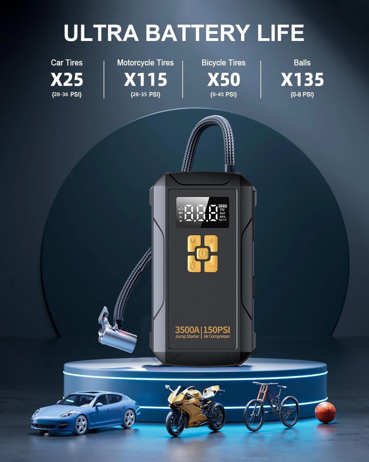 Jump Starter with Air Compressor 3500A Jump Starter 150PSI Air Pump Multifunctional Tire Inflator Power Bank Lighting for Car