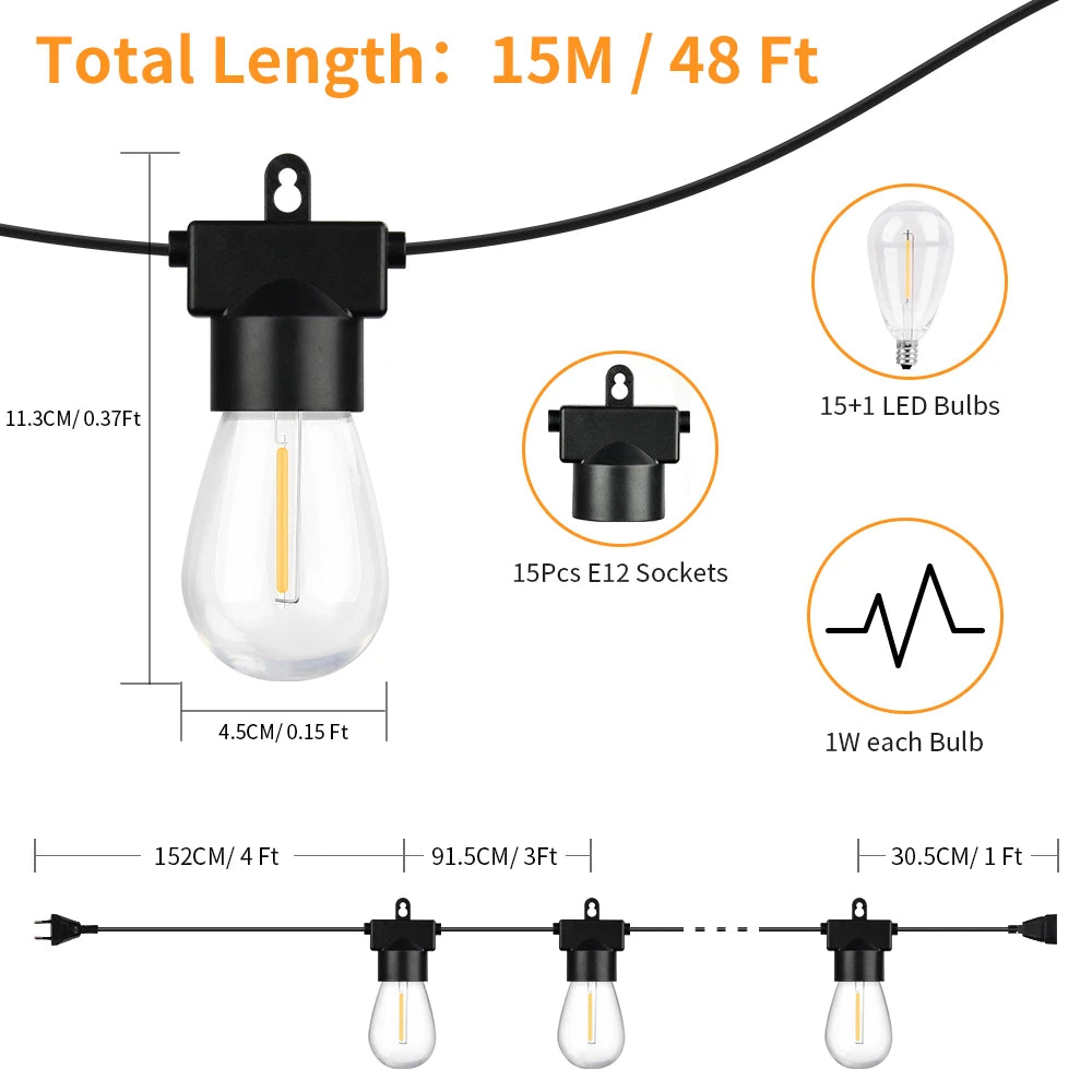15M LED String Light Shatterproof Led Festoon Garland Retro Patio Light Outdoor Light Decoration For Garden Wedding Holiday