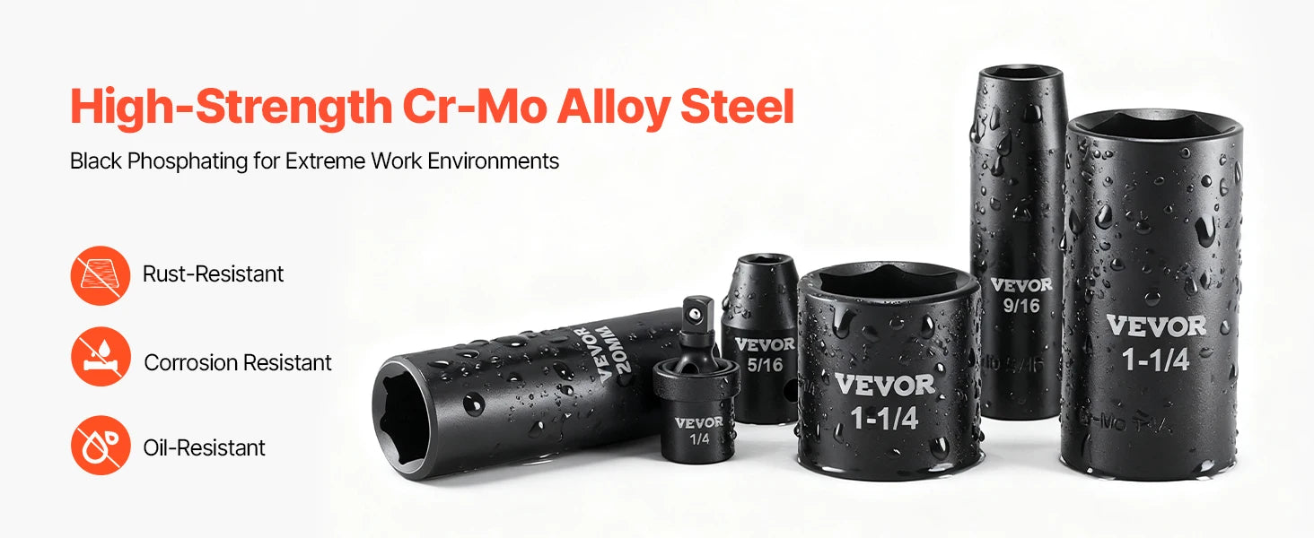 VEVOR 1/4, 3/8 & 1/2 Inch Drive Impact Socket Set, 210-Piece Full Metric/Standard with Extensions & Universal Joint, 3 Cases