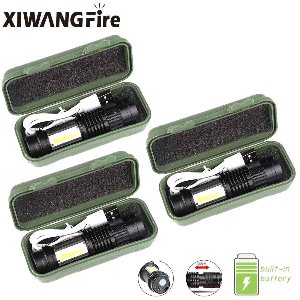 Mini Portable 2000 Lumens Led Flashlight Built In Battery Torch COB Variable Focus Waterproof Tactical Flashlight Bulb Light