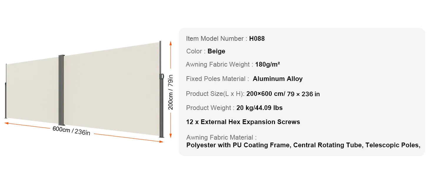 SucceBuy Retractable Side Awning Outdoor Privacy Polyester Water-proof Retractable Patio Screen UV 30+ Room Divider Wind Screen