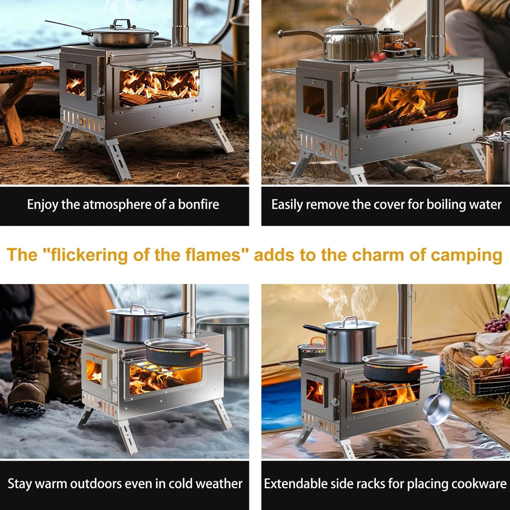 Portable Camping Wood Burning Stove Stainless Steel Tent Stove with 7 Chimney Pipes for Outdoor Camping, Heating