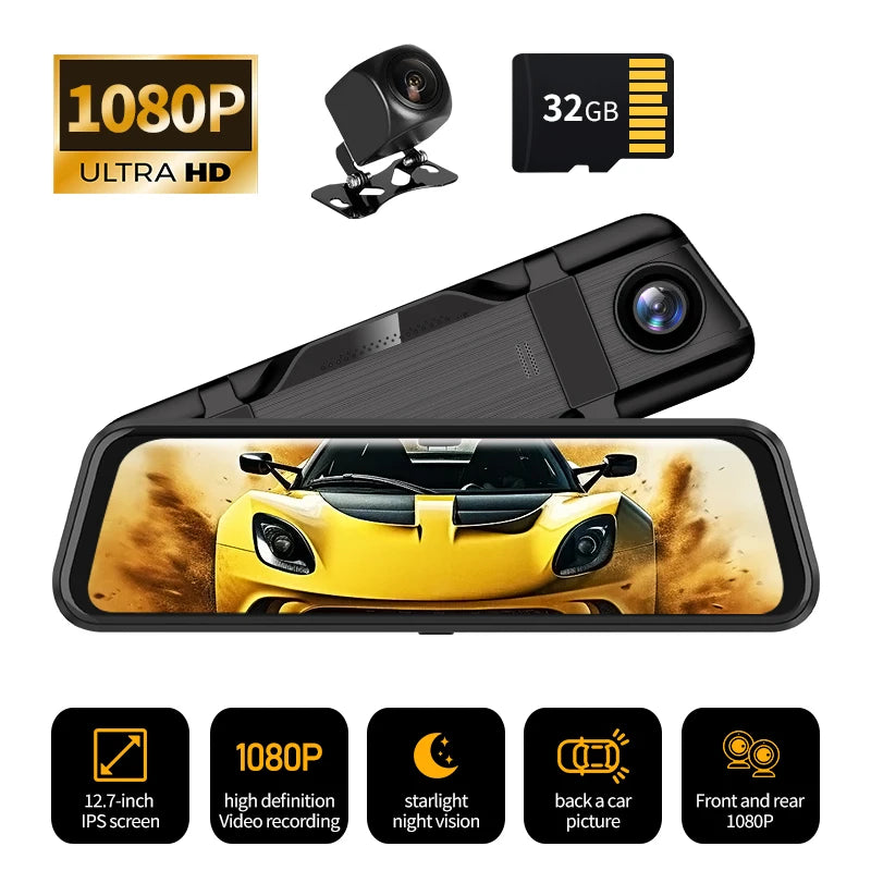 12.7 Inch Mirror Camera for Car Touch Screen Video Recorder Rearview Mirror Dash Cam Front and Rear Camera Mirror DVR Black Box