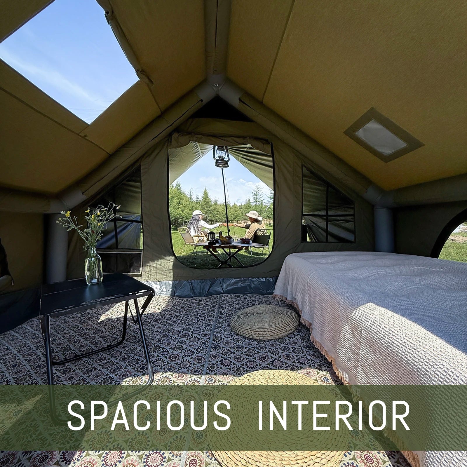 PAKICETUS 8-Person Inflatable Glamping Tent, Green Tent with Mesh Windows & Hand Pump with Extra-Large Canopy Living Room