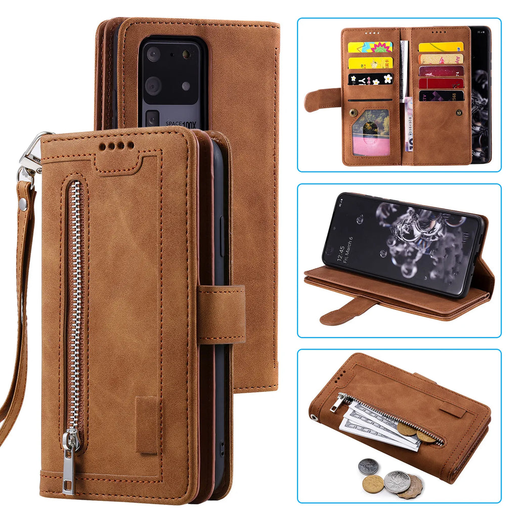 Zipper Wallet Case for Samsung Galaxy S25Ultra S24 Ultra 24FE S25 Plus Leather Case Kickstand Phone Cover Cash Cards Pocket