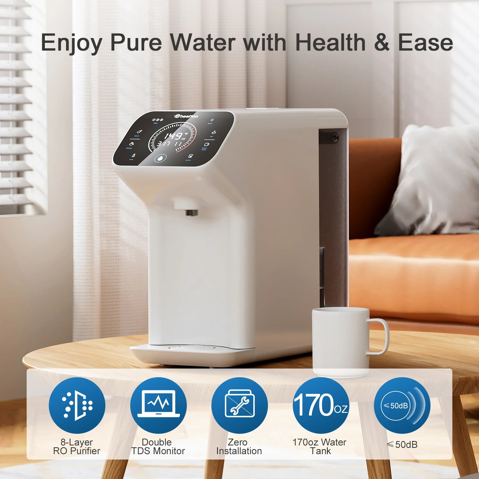 110V Reverse Osmosis Water Filter 1 Set Countertop RO  8-Layer Smart White Water Purifier
