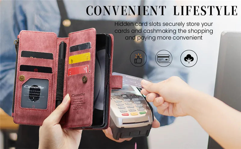 Luxury Lanyard Leather Zipper Wallet Card Phone Case For Samsung Galaxy Z Fold 7 6 5 4 Fold6 Fold5 Fold4 Purse Flip Stand Cover