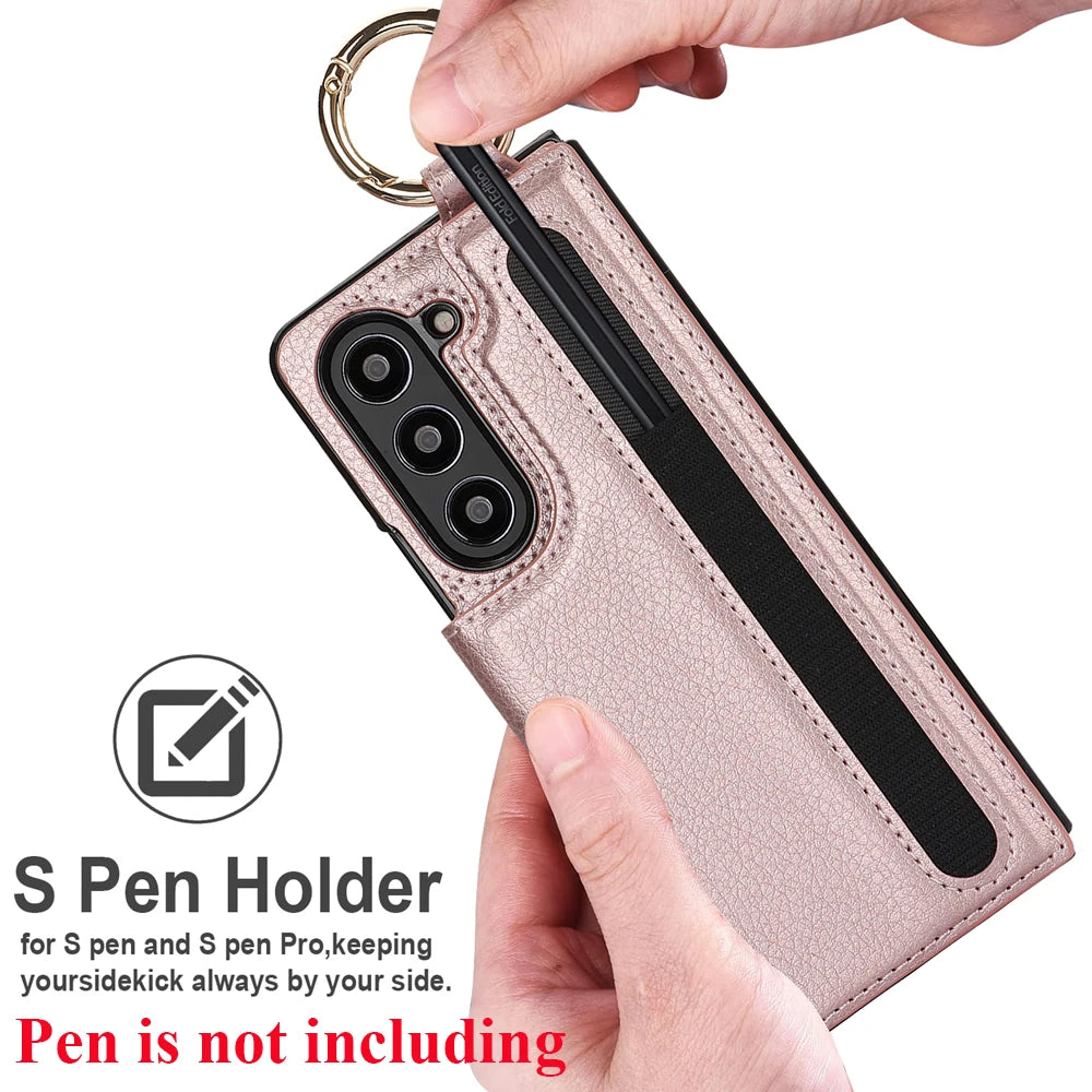 Ring Bucket Wallet Phone Case For Samsung Galaxy Z Fold7 Z Fold 6 5 7 4 3 Leather Case Kickstand Pen Cash Card Slots Phone Cover