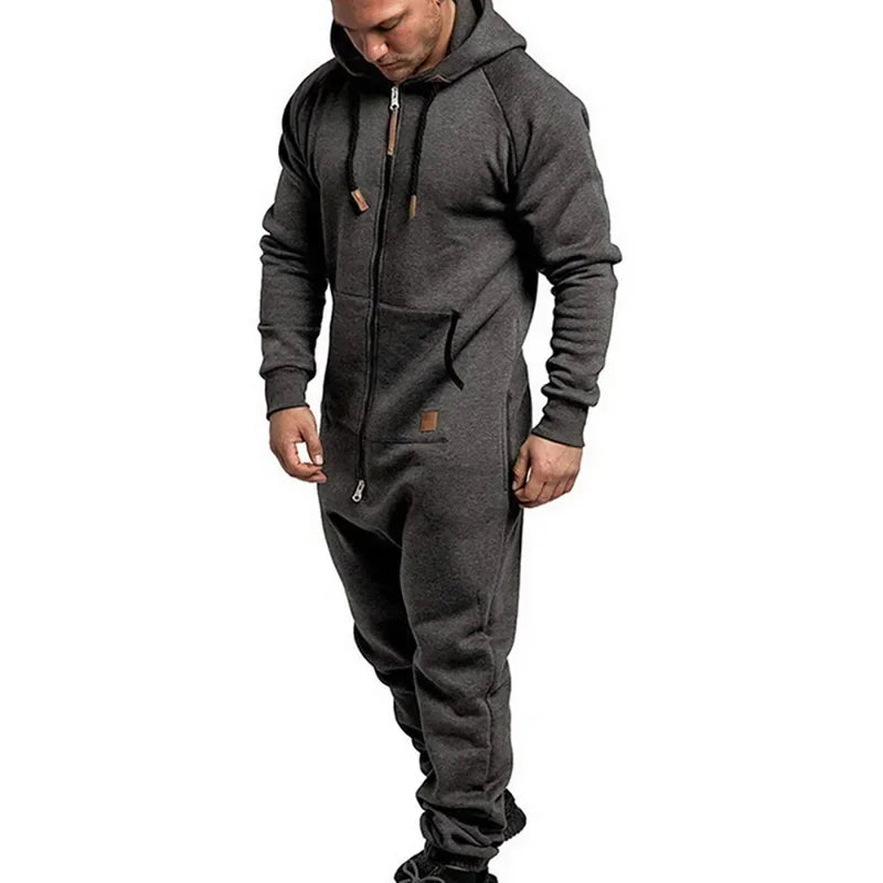 Mens Onesie Jumpsuit Pajamas Long Sleeve Sweatpants Pure Color Splicing Autumn Winter Casual Hoodie Male Zipper Jumpsuit