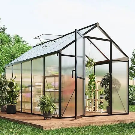 6x10 FT Greenhouse for Outdoors, Polycarbonate Flower with Roof Vent, Push-Pull Lockable Door, Aluminum Walk-in Green